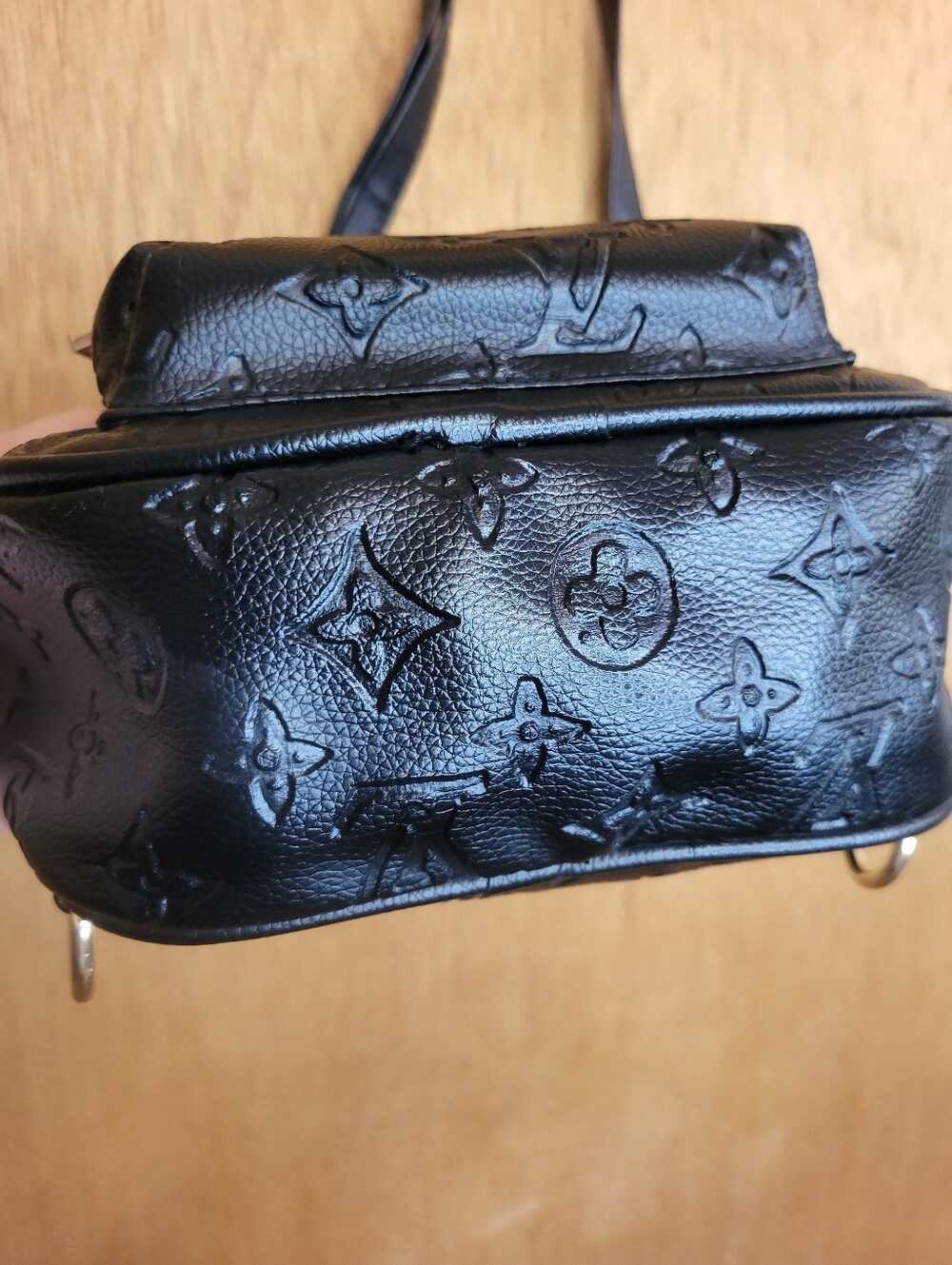 Designer Inspired Black Embossed Mini Backpack with Gold Hardware. - Picture 7 of 16